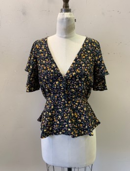 TOP SHOP, Black, Multi-color, Polyester, Floral, V-N, Layered Bell S/S, Button Front, Peplum Waist, Yellow and Mauve Pink Floral Pattern