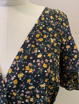 Womens, Blouse, TOP SHOP, Black, Multi-color, Polyester, Floral, 4, V-N, Layered Bell S/S, Button Front, Peplum Waist, Yellow and Mauve Pink Floral Pattern