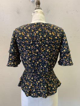 TOP SHOP, Black, Multi-color, Polyester, Floral, V-N, Layered Bell S/S, Button Front, Peplum Waist, Yellow and Mauve Pink Floral Pattern