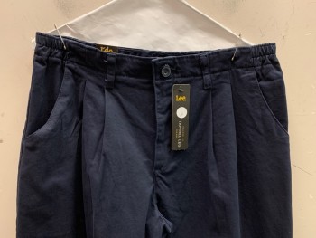 LEE, Navy Blue, Cotton, Solid, Pleated, Slant Pockets, Zip Front, Belt Loops