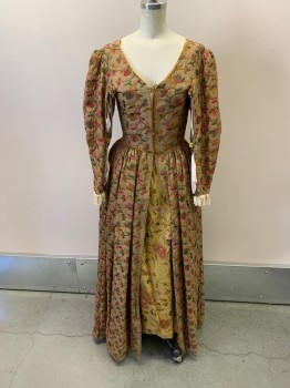 Womens, Historical Fict 2 Piece Dress, MTO, Khaki Brown, Raspberry Pink, Olive Green, Mustard Yellow, Wool, Synthetic, Leaves/Vines , W: 26, B: 32, BODICE - All Over Embroidery,  V-N, Hook & Eye Closure, L/S, Floor Length, Pleated At Waist, Goldenrod Piping, Gold Metallic Trim, Off White Crochet Trim On Cuffs, With 2 Extra Pieces Of Goldenrod Fabric
