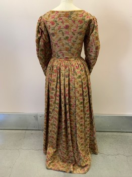 MTO, Khaki Brown, Raspberry Pink, Olive Green, Mustard Yellow, Wool, Synthetic, Leaves/Vines , BODICE - All Over Embroidery,  V-N, Hook & Eye Closure, L/S, Floor Length, Pleated At Waist, Goldenrod Piping, Gold Metallic Trim, Off White Crochet Trim On Cuffs, With 2 Extra Pieces Of Goldenrod Fabric