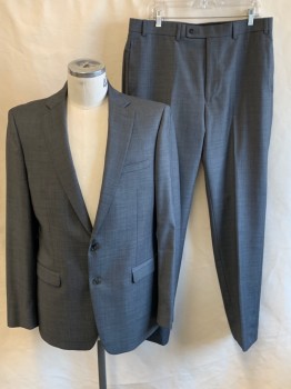 CALVIN KLEIN, Gray, Wool, Solid, Notched Lapel, 2 Bttn Single Breasted, 3 Pckts, Double Back Vent