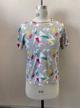 NICKER BOCKER, White, Multi-color, Cotton, Geometric, CN, S/S, Turquoise, Hot Pink, Yellow, Black Small Dashes And Zigzags,