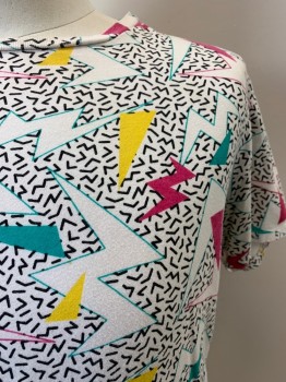NICKER BOCKER, White, Multi-color, Cotton, Geometric, CN, S/S, Turquoise, Hot Pink, Yellow, Black Small Dashes And Zigzags,