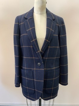 Womens, Blazer, MADEWELL, Navy Blue, Tan Brown, Wool, Polyester, Plaid, S, Notched Lapel, Brushed Silver Buckle, Button Front, 1 Button, 2 Pockets