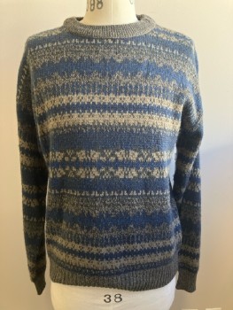 Mens, Sweater, DAVID TAYLOR, M, Blue/ Beige, Horizontal Stripe, CN, L/S, Knit