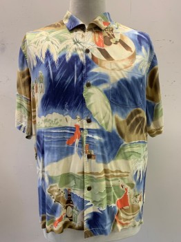 TOMMY BAHAMAS, Beige, French Blue, Brown, Sage Green, Silk, Hawaiian Print, S/S, Button Front, Collar Attached, Chest Pocket