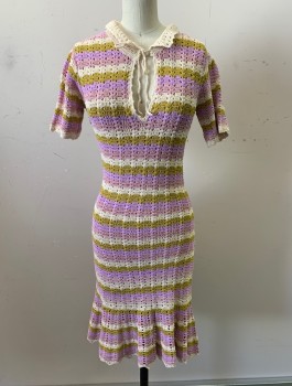 Womens, Dress, Short Sleeve, SANDRO, Lavender Purple, Lime Green, Cream, Lilac Purple, Viscose, Polyamide, Stripes - Horizontal , XS, Crochet, See Through, S/S, Solid Cream Collar, Keyhole At Neck With Self Ties, Fitted, Knee Length, Flared Ruffle At Hem
