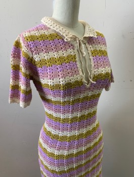 Womens, Dress, Short Sleeve, SANDRO, Lavender Purple, Lime Green, Cream, Lilac Purple, Viscose, Polyamide, Stripes - Horizontal , XS, Crochet, See Through, S/S, Solid Cream Collar, Keyhole At Neck With Self Ties, Fitted, Knee Length, Flared Ruffle At Hem
