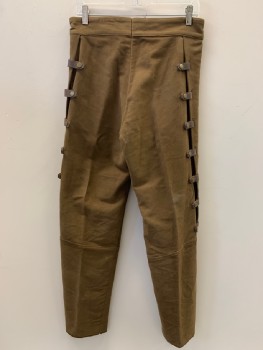 Mens, Sci-Fi/Fantasy Pants, NO LABEL, Brown, Polyester, Leather, Solid, 30/32, F.F, Zip Front, Side Straps, Made To Order,