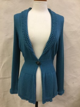 NIC + ZOE, Teal Blue, Cotton, Rayon, Solid, 1 Button, Shawl Lapel, Rib Knit Waistband and Sleeves, Heavily Textured Knit at Collar and Cuffs