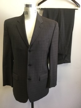 DKNY, Dk Brown, Lt Brown, Wool, Plaid, Single Breasted, C.A., Notched Lapel, 3 Bttns, 3 Pckts,