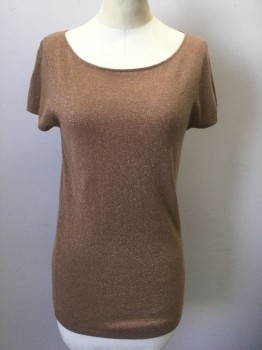 Womens, Top, CLASSIQUES ENTIER, Lt Brown, Gold, Nylon, Wool, Speckled, M, Lightweight Light Brown Knit with Gold Metallic Speckled Throughout, Short Sleeves, Wide Scoop Neck, Pullover