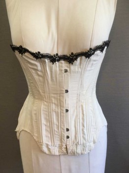 N/L, Cream, Black, Polyester, Cotton, Solid, Floral, Cream, Slightly Dirty W/black Floral  Lace Trim Top, Hook Front, White Lacing Back,