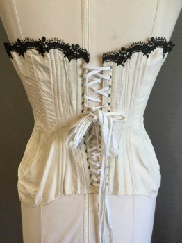 Womens, Historical Fiction Corset, N/L, Cream, Black, Polyester, Cotton, Solid, Floral, 30"W, Cream, Slightly Dirty W/black Floral  Lace Trim Top, Hook Front, White Lacing Back,