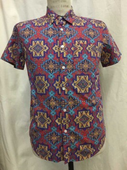 FOREVER21, Red, Lt Blue, Navy Blue, Purple, Tan Brown, Cotton, Novelty Pattern, Red/ Lt Blue/ Navy/ Tan Novelty Print, Button Front, Button Down Collar, Short Sleeves, 1 Pocket,