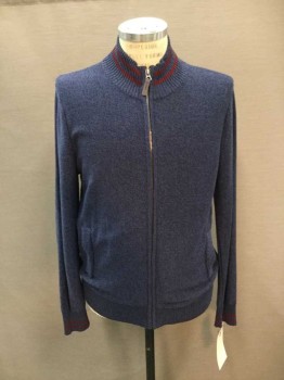 Mens, Cardigan Sweater, MERONA, Indigo Blue, Maroon Red, Cotton, Heathered, M, Zip Front, 2 Pckts, L/S, Ribbed Knit High Collar/Cuff with 2 Maroon Stripes,