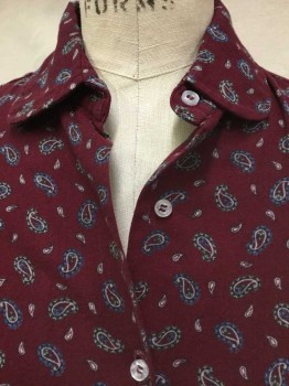 THE COUNTRY SQUIRE, Maroon Red, Teal Blue, Tan Brown, Lt Blue, Polyester, Rayon, Paisley/Swirls, Maroon W/teal Blue, Tan, Light Blue Paisley Print, Collar Attached, Button Front, Long Sleeves, Side Hem Split