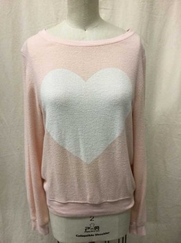 Womens, Pullover, Dream Scene, Lt Pink, White, Polyester, Rayon, Hearts, XS, Pilled Knit, Large White Heart Graphic Center Front, Scoop Neck, Long Sleeves,