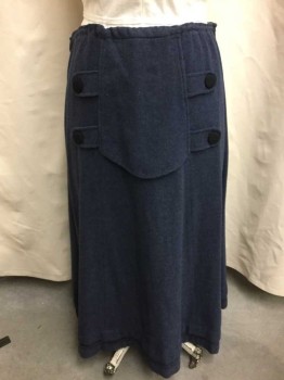 N/L, Dk Blue, Black, Wool, Solid, Drawstring Waist In Back, Decorative Panel At Side with Black Oversized Decorative Buttons, 2 Stripes Of Decorative Black Piping At Hem, Floor Length, Made To Order, Double,