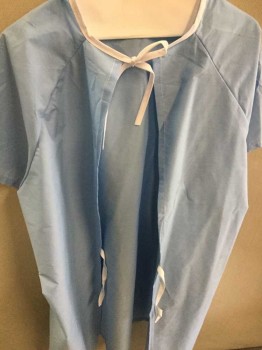 Unisex, Patient Gown, Lt Blue, Polyester, Cotton, Solid, Ns, Short Sleeve,  Lacing/Ties Up Back