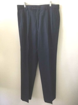 Mens, Suit, Pants, BURBERRY'S, Navy Blue, White, Wool, Stripes - Pin, Navy with White Pinstripe, Pleated Waist, Button Tab Waist, Zip Fly