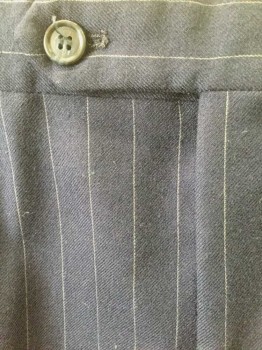 Mens, Suit, Pants, BURBERRY'S, Navy Blue, White, Wool, Stripes - Pin, Navy with White Pinstripe, Pleated Waist, Button Tab Waist, Zip Fly