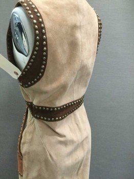 NASTY GAL, Tan Brown, Dk Brown, Lt Beige, Suede, Color Blocking, with Antique Gold Studded Detail, 2 Pckts, Snap Front, Slvls, Round Neck,  Above Knee Length, 1960's-1970's Retro Vibe