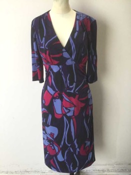 Womens, Dress, Long & 3/4 Sleeve, DONNA RICCO, Multi-color, Purple, Magenta Purple, Black, Periwinkle Blue, Polyester, Spandex, Floral, 10, Purple with Magenta, Black, Periwinkle Oversized Floral Pattern, 3/4 Sleeves, Wrapped V-neck, Empire Waist, Ruched Sides at Hips, Hem Below Knee