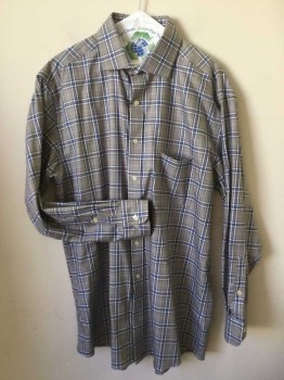 TASSO ELBA, White, Blue, Black, Cotton, Plaid, Long Sleeves, Collar Attached, Button Front, 1 Pocket,
