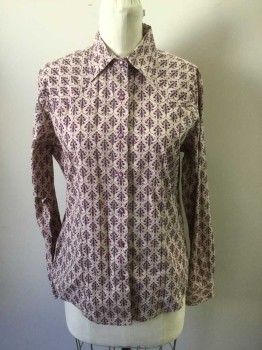 Womens, Blouse, ROCKIES, Lt Pink, Purple, Cotton, Floral, Novelty Pattern, M, Purple Iridescent Snap Front, Collar Attached, Long Sleeves, Western Yoke