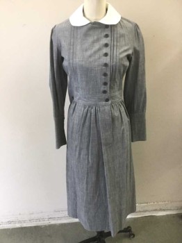 Womens, Waitress/Maid, N/L, Slate Gray, White, Cotton, Solid, W:28, B:34, Turn of Century Maid, Slate Gray Oxford Cloth, Solid White Peter Pan Collar, Long Sleeves, Asymmetric Button Closures to Side Chest, Vertical Pleats at Chest, 5 Button Cuffs, Hem Mid-calf,  Made To Order Reproduction