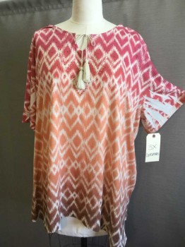 Womens, Blouse, CATHERINES, Cream, Pink, Peach Orange, Brown, Polyester, Diamonds, Chevron, 3X, Ombre Pink, Orange, Brown Diamond/chevron Print, Wide Neck W/cream Tie & Tussels, Short Sleeve W/cream Spikes Print, Pullover