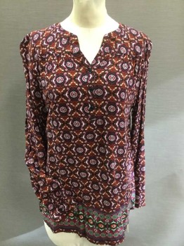 Womens, Blouse, LAURA SCOTT, Black, Cream, Magenta Purple, Orange, Green, Rayon, Floral, Abstract , L, Black/cream W/magenta Pink, Orange, Green Flower/ Medallion Print, Round V-neck, 3 Button Front, Pullover, and Green/pink Trim Panel, Side Split Bottom, Long Sleeves,