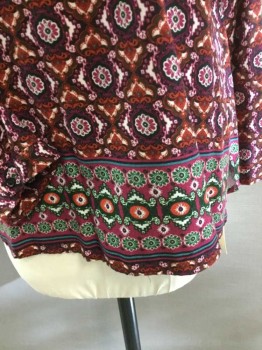 Womens, Blouse, LAURA SCOTT, Black, Cream, Magenta Purple, Orange, Green, Rayon, Floral, Abstract , L, Black/cream W/magenta Pink, Orange, Green Flower/ Medallion Print, Round V-neck, 3 Button Front, Pullover, and Green/pink Trim Panel, Side Split Bottom, Long Sleeves,