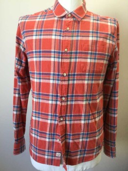MARINE LAYER, Dusty Red, Royal Blue, Off White, Mustard Yellow, Cotton, Plaid, Flannel, Long Sleeve Button Front, Collar Attached, 1 Pocket