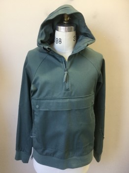 Mens, Casual Jacket, NIKE, Teal Green, Cotton, Spandex, Solid, M, Slate Teal Green with Hood, 1 Big Pocket Front Center with 2 Snaps & Side Zippers, Knit Raglan Long Sleeves with Zip Pocket, and Hem, 10" Zip Front, Pullover, 10" Right Side Zip Hem,