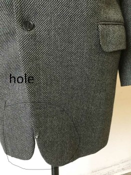 Black, White, Wool, Acetate, Geometric, Cut Away. Notched Lapel, 3 Button Single Breasted, 3 Pockets. Small Hole at Hemline Center Front,
