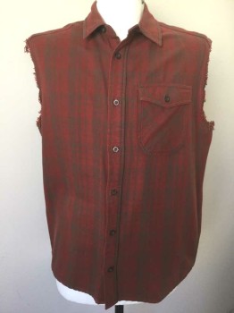 PATAGONIA, Brick Red, Brown, Cotton, Plaid, Flannel, B.F., Frayed Cut Off Sleeves, CA, 1 Pockets