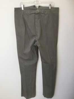 Mens, Historical Fiction Pants, MTO, Taupe, Cotton, Solid, I:Open, W:36, Canvas, Button Fly, No Pockets, Belted Back, Suspender Buttons at Inside Waist, Lightly Worn Throughout, 1800's Made To Order