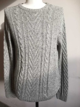Mens, Pullover Sweater, N/L, Gray, Charcoal Gray, Wool, Acrylic, Cable Knit, Speckled, L, Gray with Charcoal Flecks, Long Sleeves, U-Neck