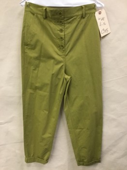 Womens, Pants, COS, Moss Green, Cotton, Solid, 36H, 28w, High Waist, Exposed Button Fly, 3 Pockets, Puffed and Pegged, Cuffs, Bl