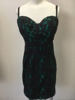 Womens, Cocktail Dress, GUESS, Black, Green, Cotton, Polyester, Floral, Solid, 4, Black Floral Lace with Green Lining, 1/3" Black Bra Straps, Fitted, Zip Back,