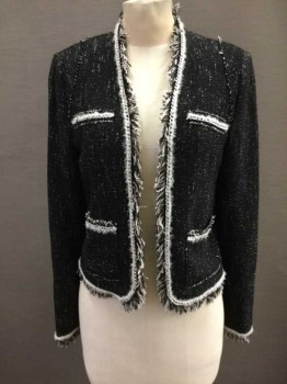 Womens, Blazer, REBECCA TAYLOR, Black, White, Silver, Synthetic, 2 Color Weave, 4, Open Front, Frayed Edges, External Seams, 2 Pocket, Silver Chain Wrapped In Wht Eyelash Fabric At Edges,