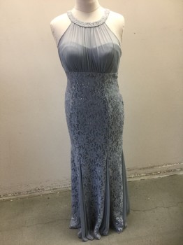 Womens, Evening Gown, EVA, Slate Gray, Nylon, Rhinestones, Floral, Solid, L, Sleeveless, with Round Neck, Solid Gray Sheer Net at Bust, Empire Waist, Below Waistline is Gray Floral Lace with Silver Rhinestones Scattered Throughout, Sheer Net Godet Panels at Flared Hem, Floor Length, **2 Piece, Comes with Matching Sheer Net Scarf