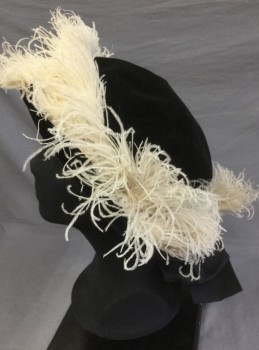 NL, Black, Cream, Cotton, Feathers, Black Velvet, Cream Ostrich Feathers Around Brim, Large Black Faille Bow,