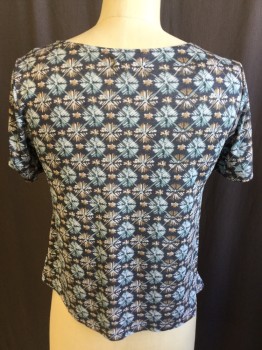 SILENCE & NOISE, Navy Blue, Teal Blue, Brown, Lt Gray, Cotton, Elastane, Abstract , ( 2:S, 1:XS)  Wide Round Neck,  Short Sleeves,