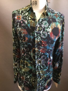 ZARA, Black, Turquoise Blue, Red, Gold, Green, Rayon, Novelty Pattern, Collar Attached, Long Sleeves, Button Front,