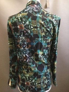 ZARA, Black, Turquoise Blue, Red, Gold, Green, Rayon, Novelty Pattern, Collar Attached, Long Sleeves, Button Front,